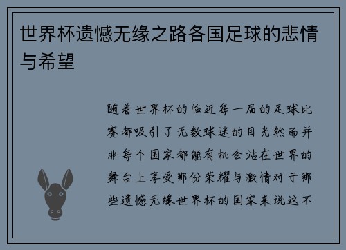世界杯遗憾无缘之路各国足球的悲情与希望