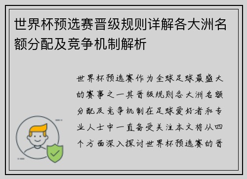 世界杯预选赛晋级规则详解各大洲名额分配及竞争机制解析